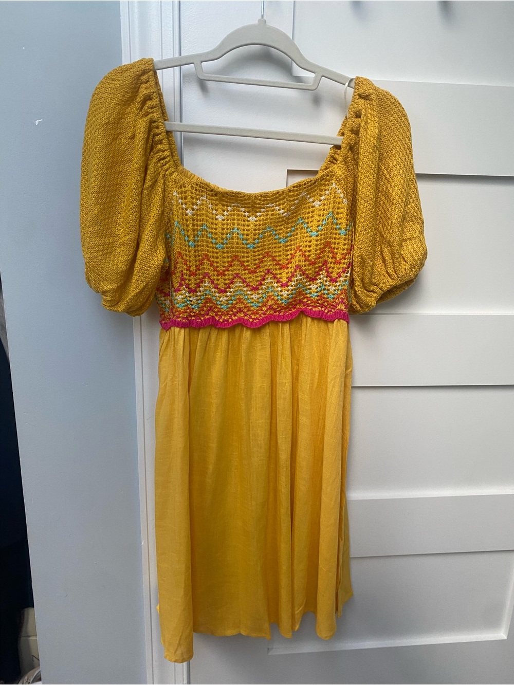 Umgee Mustard Smocked Mini Dress with Pink Trim - Picture 2 of 7